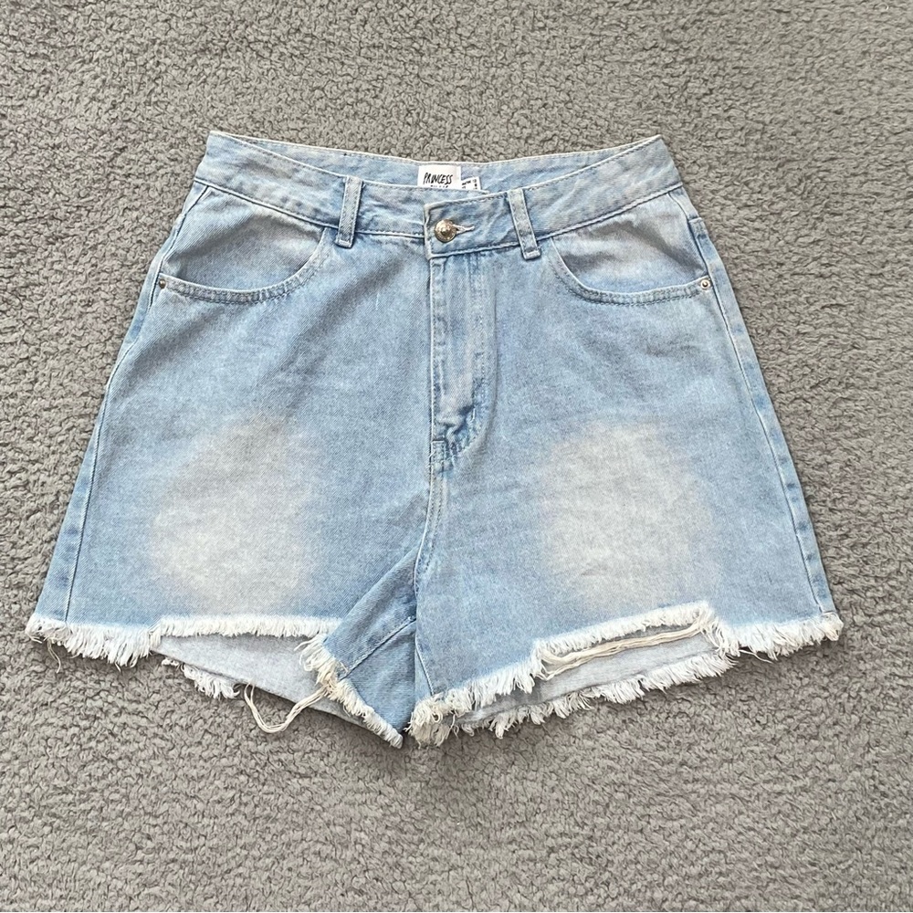 Princess Polly denim shorts Womens 8 high rise raw frayed hem light wash